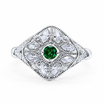 Art Deco Ring Marquise Filigree Simulated Green Emerald CZ 925 Sterling Silver